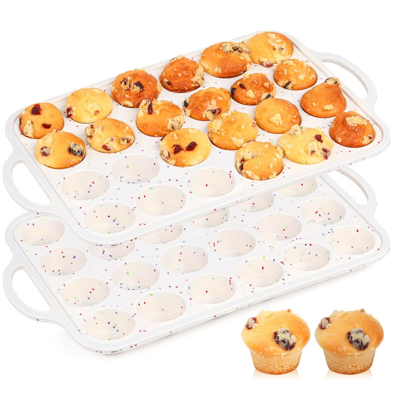 AOTASO 2 Pcs Mini Muffin Pans with Metal Reinforced Frame, 24 Cups Nonstick Silicone Cupcake Tray for Baking, Food Grade Small Muffin Molds with Handles (Cream) - Image 1