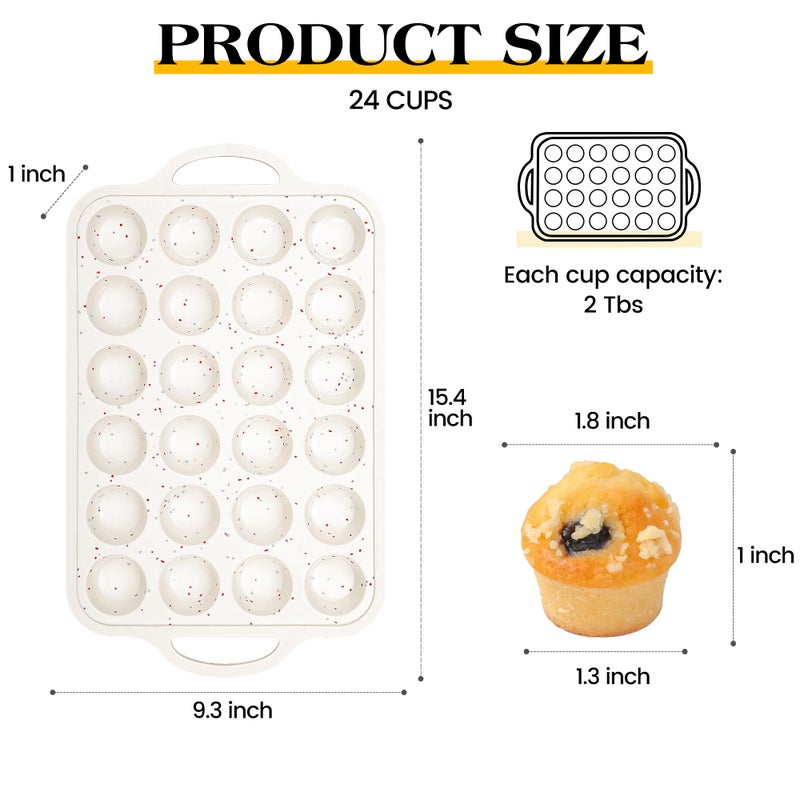 AOTASO 2 Pcs Mini Muffin Pans with Metal Reinforced Frame, 24 Cups Nonstick Silicone Cupcake Tray for Baking, Food Grade Small Muffin Molds with Handles (Cream) - Image 4