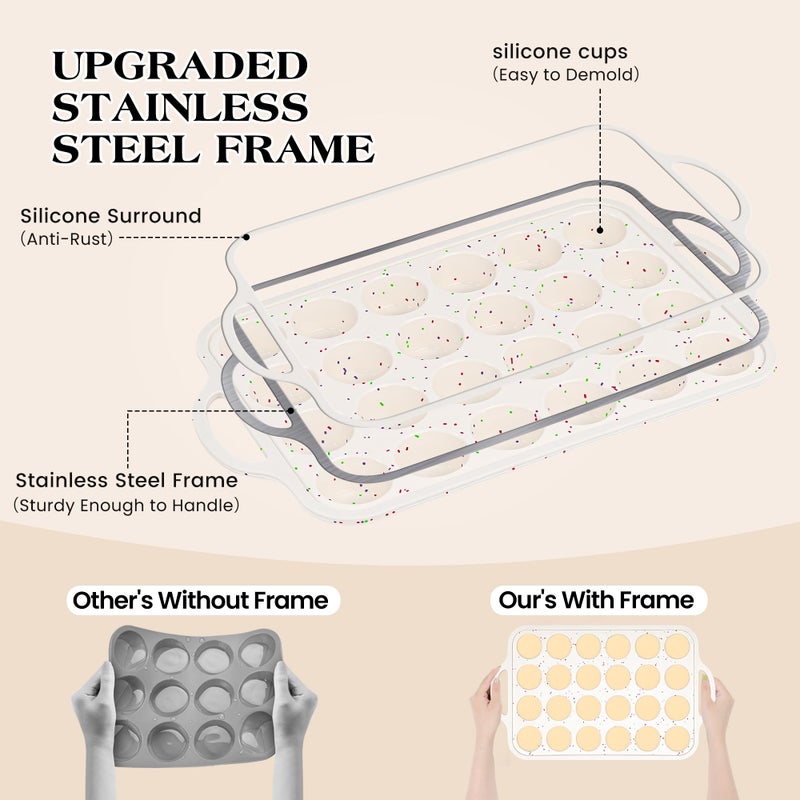 AOTASO 2 Pcs Mini Muffin Pans with Metal Reinforced Frame, 24 Cups Nonstick Silicone Cupcake Tray for Baking, Food Grade Small Muffin Molds with Handles (Cream) - Image 2