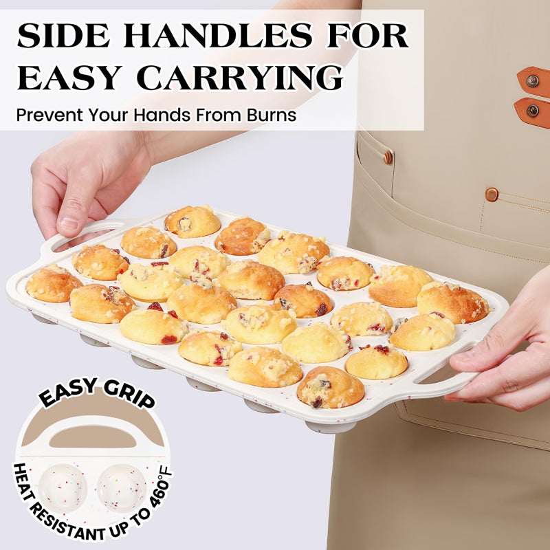 AOTASO 2 Pcs Mini Muffin Pans with Metal Reinforced Frame, 24 Cups Nonstick Silicone Cupcake Tray for Baking, Food Grade Small Muffin Molds with Handles (Cream) - Image 5