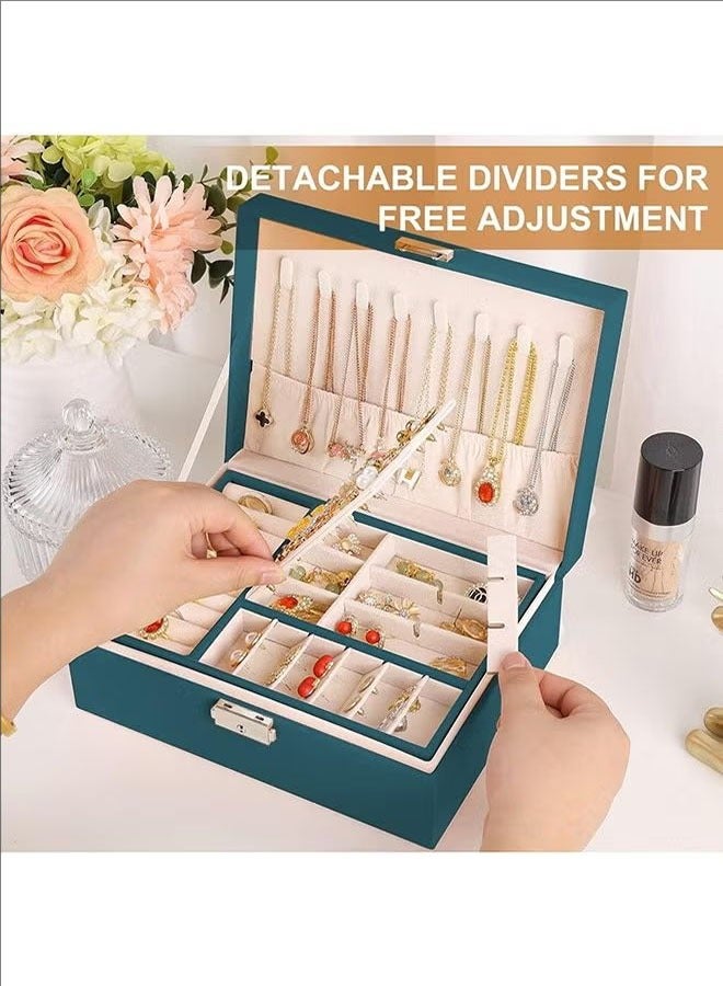 بلومنغ تايم صندوق مجوهرات للنساء الفتيات ، 2 طبقات مجوهرات المنظم الحاويات مع قفل ، بو الجلود حقيبة للتخزين مع صينية قابلة للإزالة ، مجوهرات عرض حامل للقلائد أقراط أساور خواتم الساعات ، الأخضر - Image 2