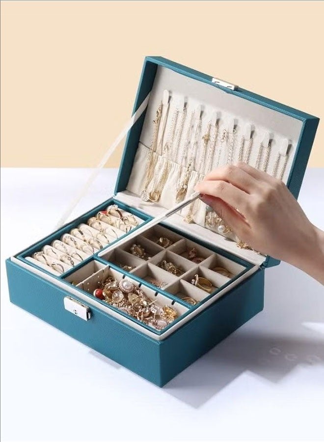 بلومنغ تايم صندوق مجوهرات للنساء الفتيات ، 2 طبقات مجوهرات المنظم الحاويات مع قفل ، بو الجلود حقيبة للتخزين مع صينية قابلة للإزالة ، مجوهرات عرض حامل للقلائد أقراط أساور خواتم الساعات ، الأخضر - Image 5