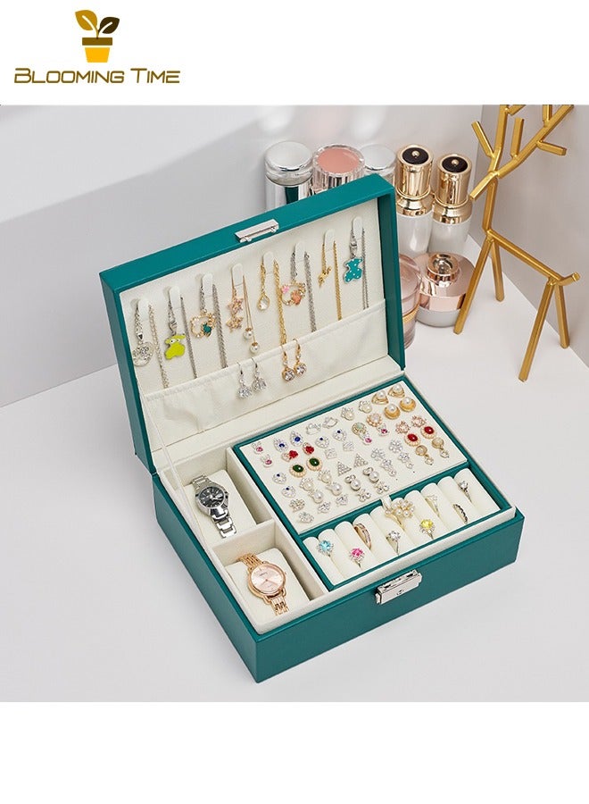 بلومنغ تايم صندوق مجوهرات للنساء الفتيات ، 2 طبقات مجوهرات المنظم الحاويات مع قفل ، بو الجلود حقيبة للتخزين مع صينية قابلة للإزالة ، مجوهرات عرض حامل للقلائد أقراط أساور خواتم الساعات ، الأخضر - Image 1