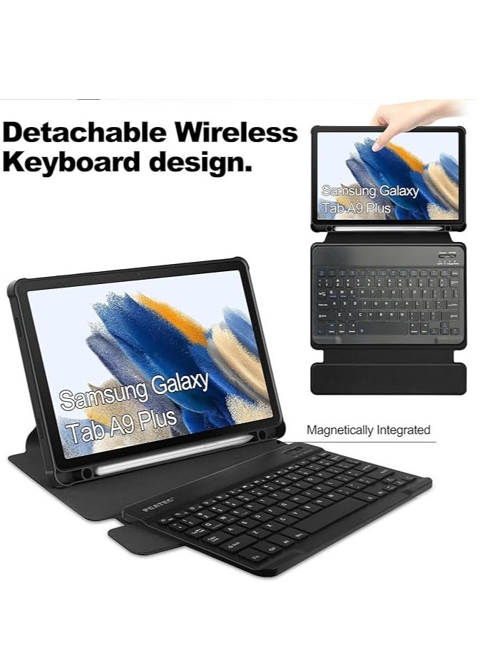 Samsung Galaxy Tab A9 Plus SM-X210/SM-216/SM-X218 Compatible Case with Detachable Wireless Keyboard S Pen Hole for Multiple Angles to View, Soft TPU Cover, Auto Power On/On