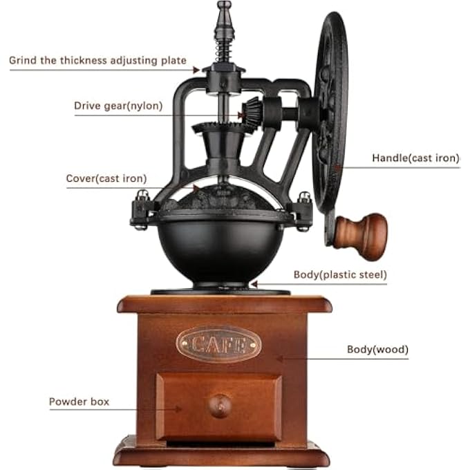 Bukela Manual Coffee Grinder Vintage Style Wooden Hand Coffees Grinder Antique Cast Ceramic Roller Classic French Press Coffees Mill Hand Crank Coffee Grinders For Decoration Gift - Image 4