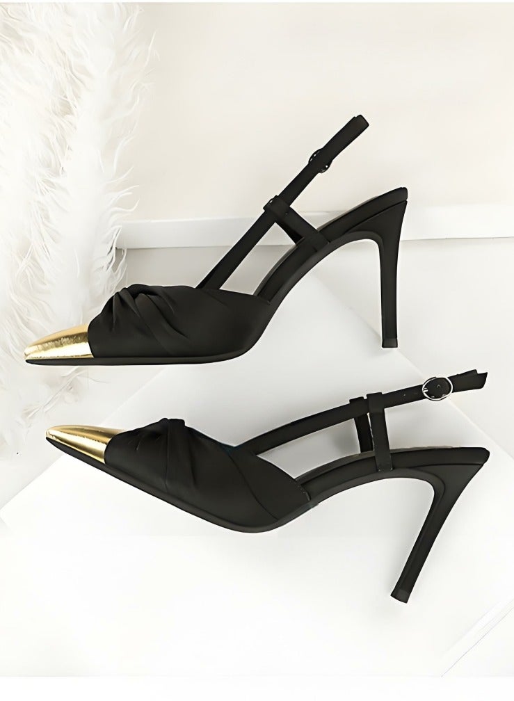 بيج تري المرأة مغلقة أشارت إصبع القدم مضخات الساتين كعب عالي مع قفل حزام ساندال أسود 9 سم - Image 3