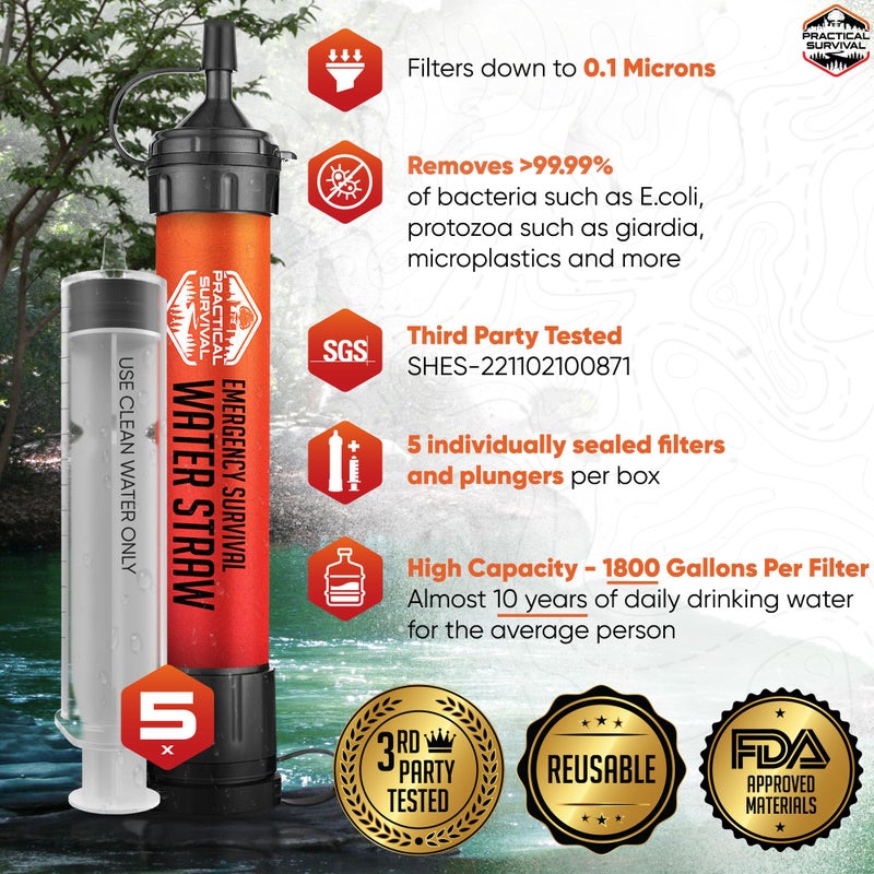 Practical Survival 5 High-Capacity Emergency Water Straws â€“ Lightweight, Reusable, 1800-gallon Filters for Camping, Hiking, Travel, Biking, Survival, and Emergencies. No Expiration Date, Perfect for preparedness - Image 2