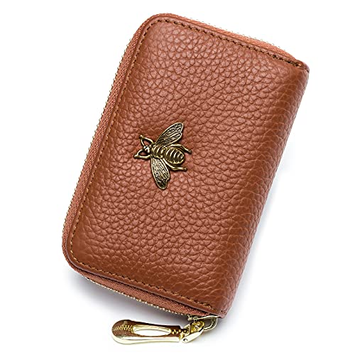 imeetu RFID Credit Card Holder, Small Leather Zipper Card Case Wallet for Women (Lite,Brown) - Image 1