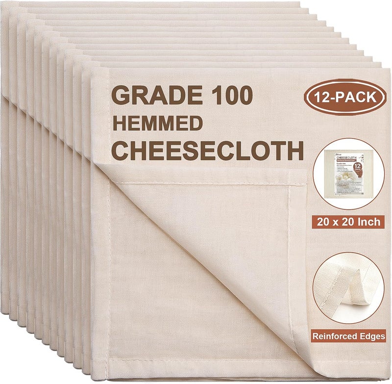 eFond Cheese Cloths, 12-Pack, 20x20Inch Squares with Hemmed Edges, Grade 100 Ultra Fine Reusable Cheesecloth for Straining, Unbleached Cotton Muslin Cloths for Cooking, Nut Milk, Butter & Baking - Image 1