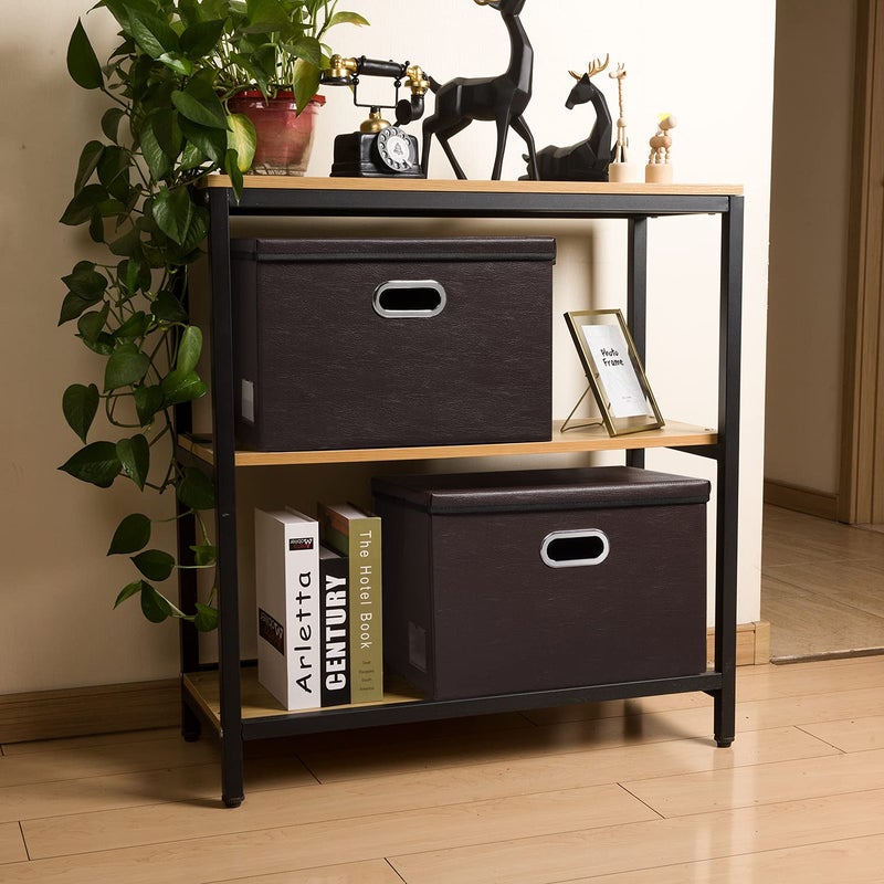 PRANDOM Collapsible Storage Bins with Lids [3-Pack] Leather Fabric Foldable Storage Boxes Organizer Containers Baskets Cube with Cover for Bedroom Closet Office Nursery Brown (14.9x10.8x10) - Image 3