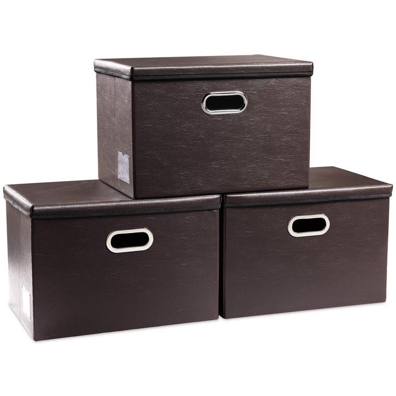 PRANDOM Collapsible Storage Bins with Lids [3-Pack] Leather Fabric Foldable Storage Boxes Organizer Containers Baskets Cube with Cover for Bedroom Closet Office Nursery Brown (14.9x10.8x10) - Image 1