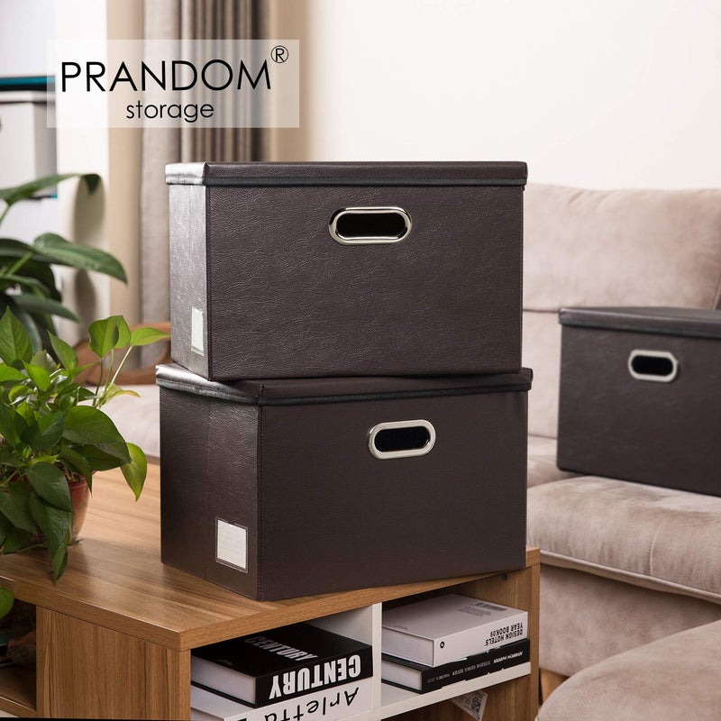 PRANDOM Collapsible Storage Bins with Lids [3-Pack] Leather Fabric Foldable Storage Boxes Organizer Containers Baskets Cube with Cover for Bedroom Closet Office Nursery Brown (14.9x10.8x10) - Image 2