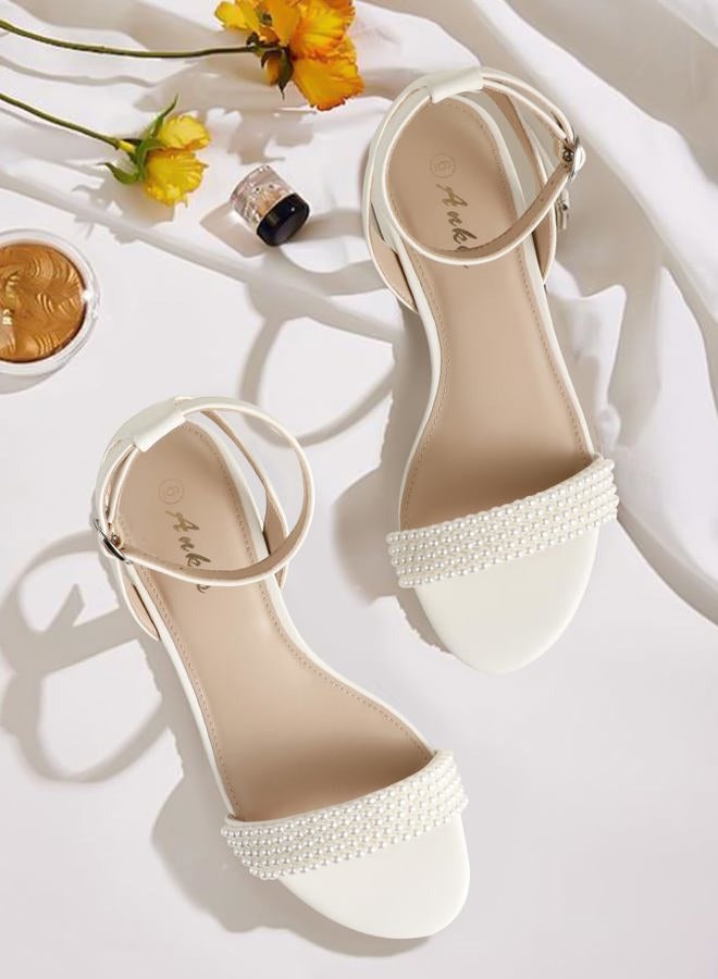 Ankis Black Nude White Red Women Sandals Comfortable Walking Strappy Open Toe Sandals for Women Dressy Summer 1 Inch Low block Heel Flat Adjustable Ankle Strap Wide Available Shoes 2024, White Pearl - Image 3