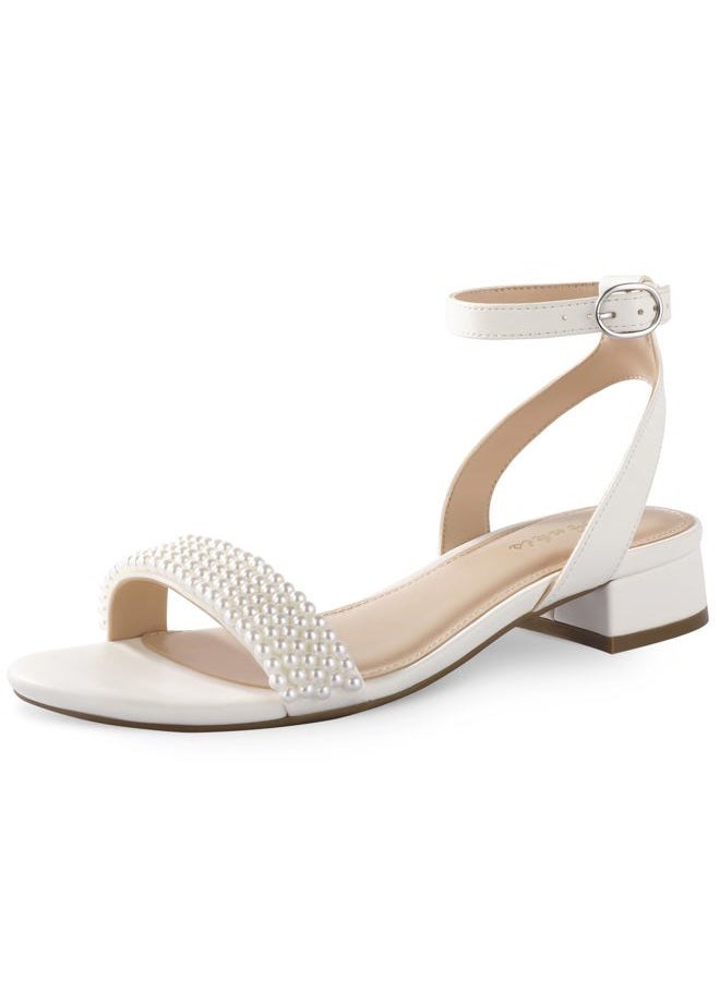 Ankis Black Nude White Red Women Sandals Comfortable Walking Strappy Open Toe Sandals for Women Dressy Summer 1 Inch Low block Heel Flat Adjustable Ankle Strap Wide Available Shoes 2024, White Pearl - Image 1