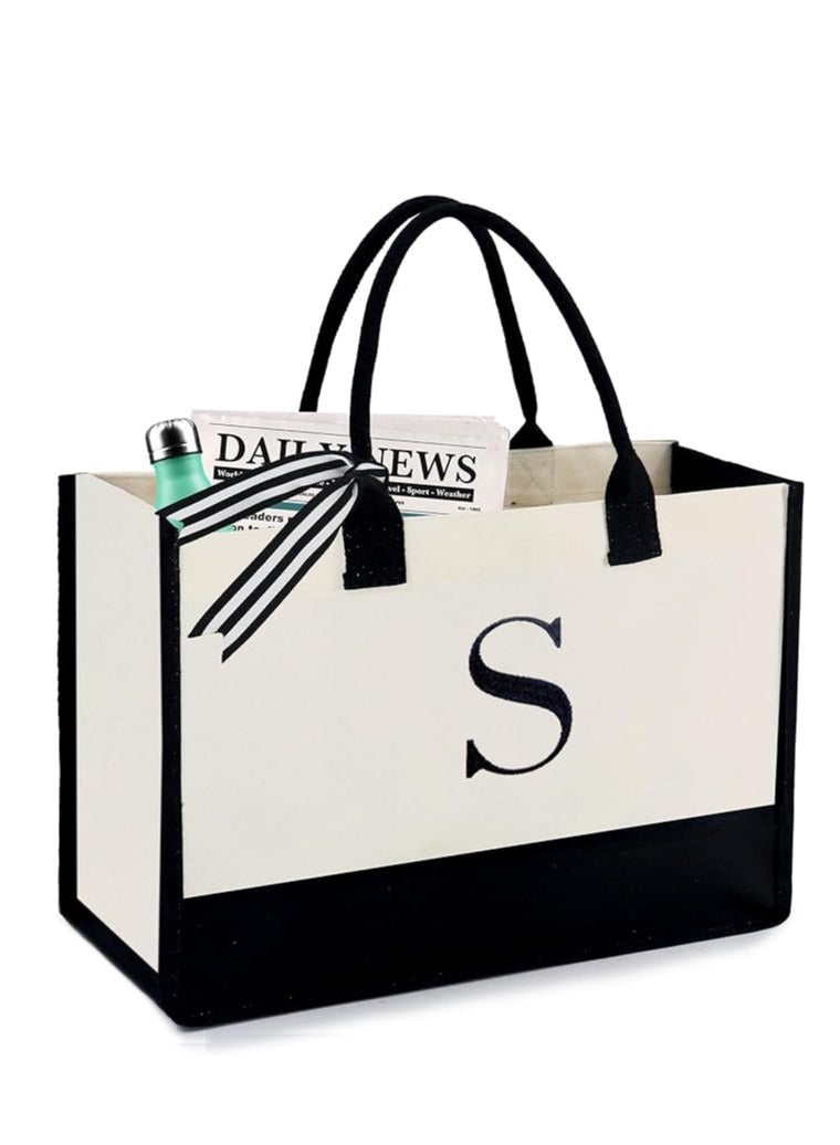 Skycare Initial Canvas Tote Bag, Beach Bag,grocery shopping bag, Monogrammed Gifts Bag for Wedding,Birthday, Mother's Day, Present for Women, Mom, Bridesmaids,Teachers - Image 1