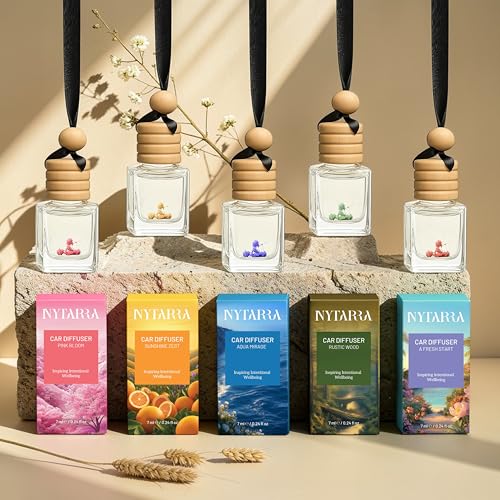 Nytarra Pack of 5 Luxury Car Fresheners, Premium Fragrance Diffusers, No Alcohol, Long-Lasting Car Scent, Car Perfume | Pink Bloom, Sunshine Zest, Aqua Mirage, Rustic Woods, A Fresh Start - Image 1