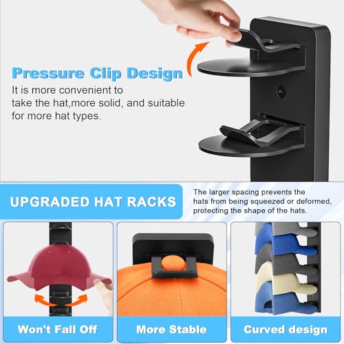 Eiito Hat Organizer for Baseball Caps, 2 Pack Strong Adhesive Hat Rack for Wall, Multilayer Hat Storage Display Holder, Wall Mounted Hat Hooks Hold up to 16 Hats for Closet Door and Bedroom (Black) - Image 5