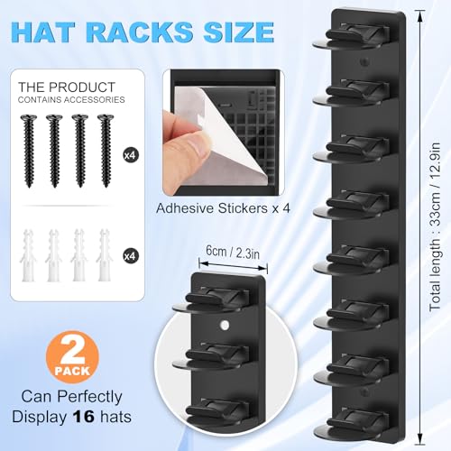 Eiito Hat Organizer for Baseball Caps, 2 Pack Strong Adhesive Hat Rack for Wall, Multilayer Hat Storage Display Holder, Wall Mounted Hat Hooks Hold up to 16 Hats for Closet Door and Bedroom (Black) - Image 2