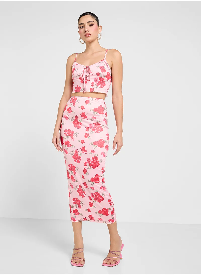 جينجر Cami Floral Mesh Crop Top & Maxi Skirt Co-Ord Set