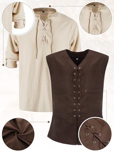 Suhine 6 Pcs Men's Halloween Renaissance Costume Set Medieval Vest Shirt Ankle Banded Pants Viking Belt Armband Pouch(Classic Color,Medium) - Image 2