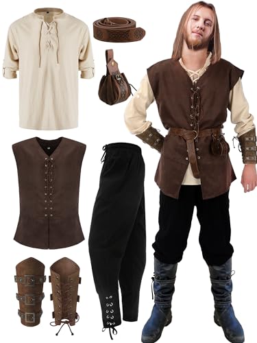 Suhine 6 Pcs Men's Halloween Renaissance Costume Set Medieval Vest Shirt Ankle Banded Pants Viking Belt Armband Pouch(Classic Color,Medium) - Image 1