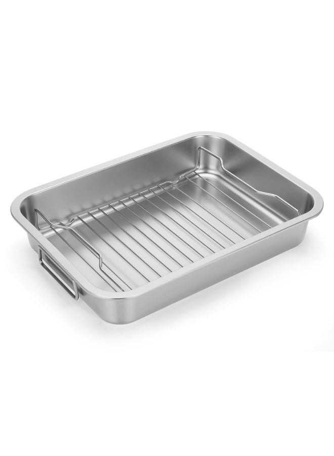 مقلاة تحميص من الفولاذ المقاوم للصدأ - صينية تحميص من الفولاذ المقاوم للصدأ - صينية تحميص من الفولاذ المقاوم للصدأ - صينية تحميص ديك رومي شديدة التحمل مع رف ومقبض للفرن، صينية تحميص عالية الجوانب سهلة التنظيف بالحث الحراري للدجاج والخضروات واللازانيا - Image 1