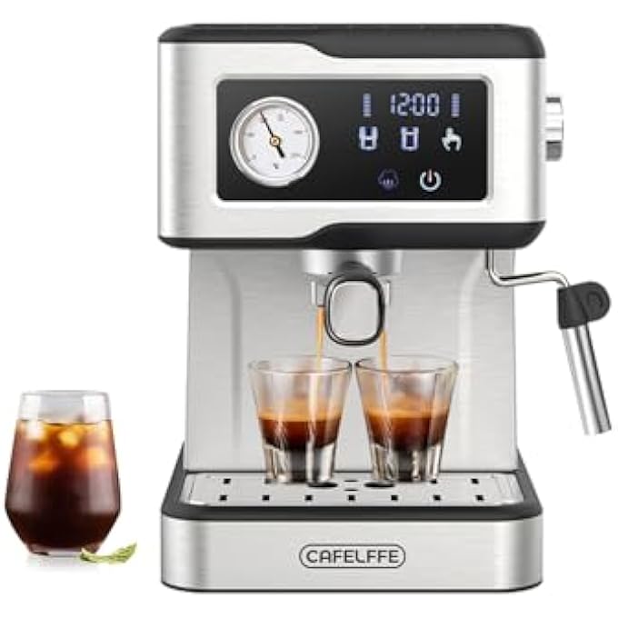 كافلف ماكينة صنع قهوة الإسبريسو مع مخفوق الحليب والبخار، ضغط مضخة 20 بار، ماكينة صنع الإسبريسو بشاشة لمس LCD للمنزل أو المكتب، ماكينة لاتيه كابتشينو 15 لتر - Image 1