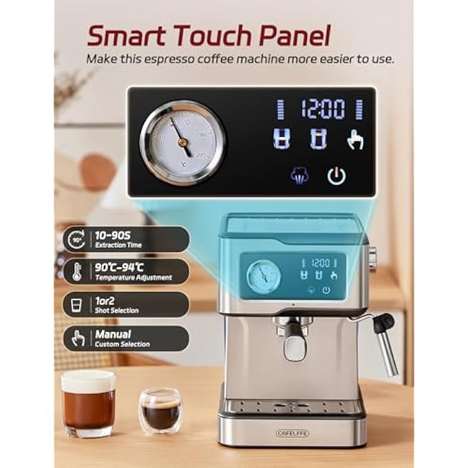 كافلف ماكينة صنع قهوة الإسبريسو مع مخفوق الحليب والبخار، ضغط مضخة 20 بار، ماكينة صنع الإسبريسو بشاشة لمس LCD للمنزل أو المكتب، ماكينة لاتيه كابتشينو 15 لتر - Image 2
