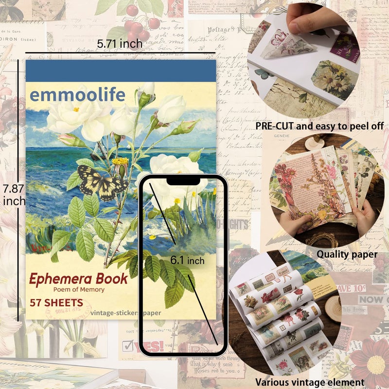 emmoolife 537pcs Vintage Washi Stickers and Papers for Scrapbooking, Ephemera Book for Journaling with Botanical Sticker and Scrapbook Decoupage Paper for Bullet Junk Journal, Scrapbooking Supplies for Adults - Image 2