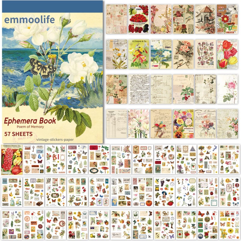 emmoolife 537pcs Vintage Washi Stickers and Papers for Scrapbooking, Ephemera Book for Journaling with Botanical Sticker and Scrapbook Decoupage Paper for Bullet Junk Journal, Scrapbooking Supplies for Adults - Image 1
