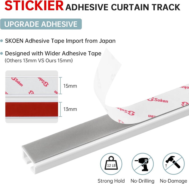 TYRON TYRON مسار ستائر لاصق للتثبيت على السقف أو الجدار (64 بوصة / 5.3 قدم)، مقسم غرف بتثبيت على السقف، قضيب ستائر ذاتي اللصق بدون حفر أو براغي أو أدوات، معلقات ستائر بدون ضرر - Image 2