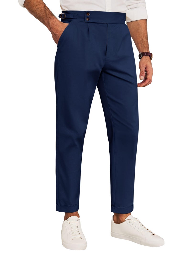 Runcati Mens Chinos Cotton Pants Slim Fit Pleated Front Dress Pants Casual Stretchy Tapered Trousers Navy