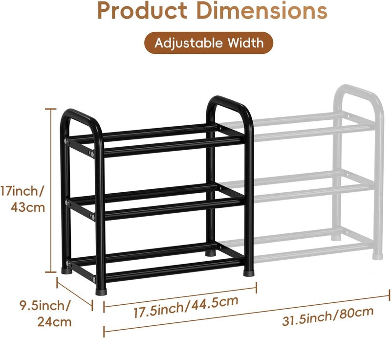 MWQ Shoe Rack Expandable 3 Tier, Adjustable Sturdy Metal Free Standing Shoe Shelf Storage for Small Space, Closet, Entryway, Black - Image 2