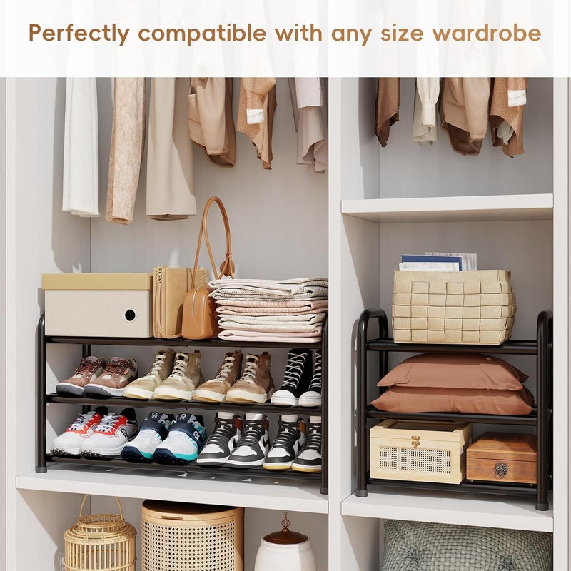 MWQ Shoe Rack Expandable 3 Tier, Adjustable Sturdy Metal Free Standing Shoe Shelf Storage for Small Space, Closet, Entryway, Black - Image 3