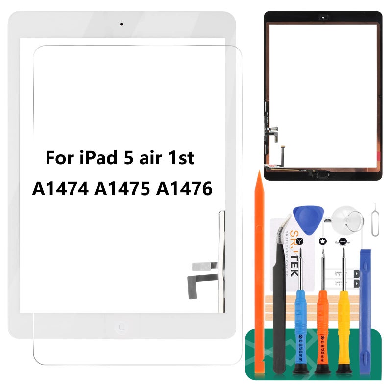 SRJTEK Screen Replacement for iPad 5 air 1st Gen A1474 A1475 A1476 Screen Replacement Touch Digitizer Glass Sensor Assembly - Home Button Camera Holder Pre Installed Adhesive Stickers (White) - Image 1