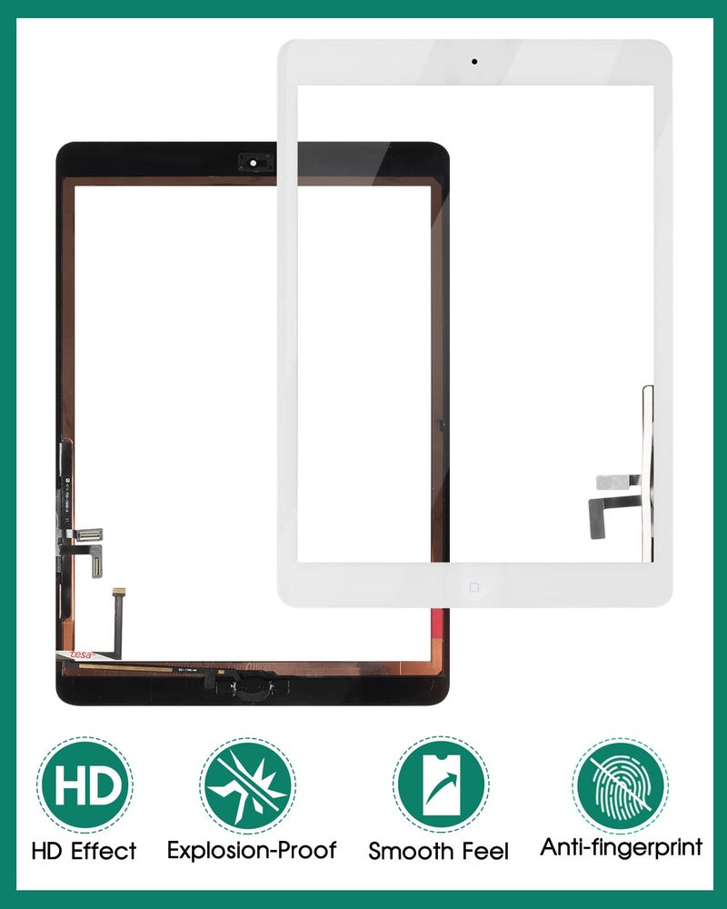 SRJTEK Screen Replacement for iPad 5 air 1st Gen A1474 A1475 A1476 Screen Replacement Touch Digitizer Glass Sensor Assembly - Home Button Camera Holder Pre Installed Adhesive Stickers (White) - Image 4