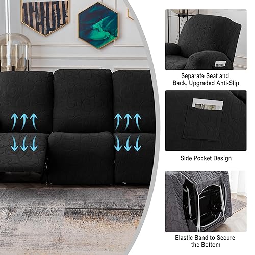 YUEANG Recliner Sofa Covers Sectional Couch Cover for Reclining Couch 3 Seat, 5-Pieces 3 Cushion Sofa Stretch Recliner Sofa Slipcover, Soft Jacquard Furniture Dog Couch Cover Protector - Image 3