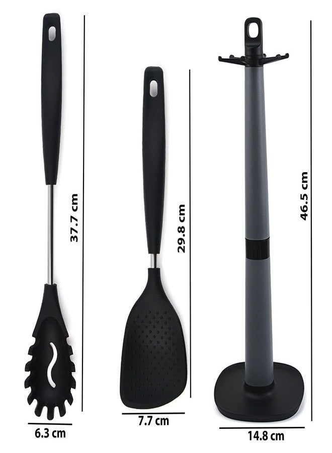 FS COOL Silicone Pasta Fork - Noodle Spoon Server - Rice Serving Spoons - Non Stick Rice Spoon - Spatula Holder - Karandi Stand for Kitchen - Rice Paddle - Versatile Cooking Spoon (Set of 3, Black) - Image 2
