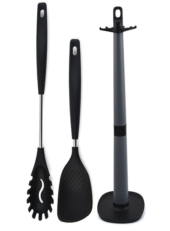 FS COOL Silicone Pasta Fork - Noodle Spoon Server - Rice Serving Spoons - Non Stick Rice Spoon - Spatula Holder - Karandi Stand for Kitchen - Rice Paddle - Versatile Cooking Spoon (Set of 3, Black) - Image 1