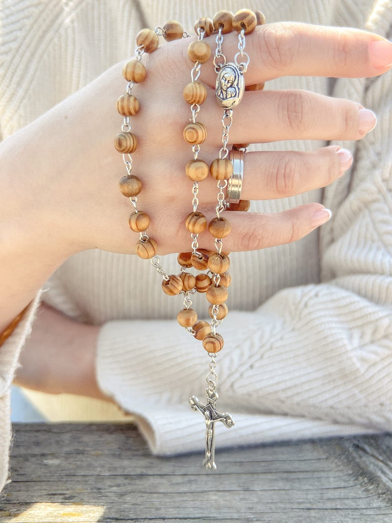 Nazareth Store Nazareth Store Catholic Prayer Rosary Olive Wood Beads Necklace Holy Soil Medal & Metal Cross Velvet Gift Bag  - Image 2