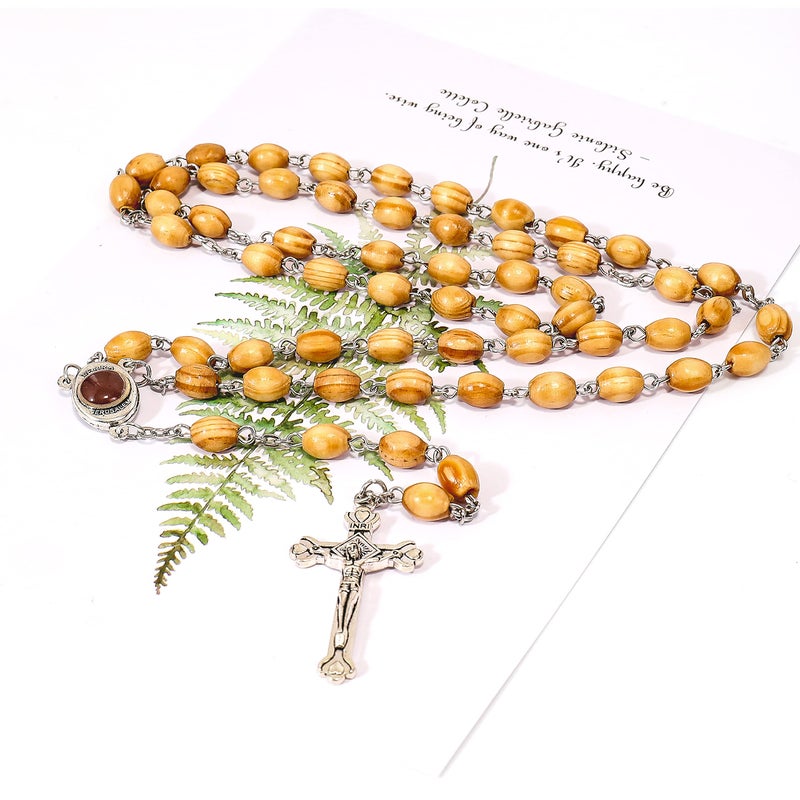 Nazareth Store Nazareth Store Catholic Prayer Rosary Olive Wood Beads Necklace Holy Soil Medal & Metal Cross Velvet Gift Bag  - Image 3