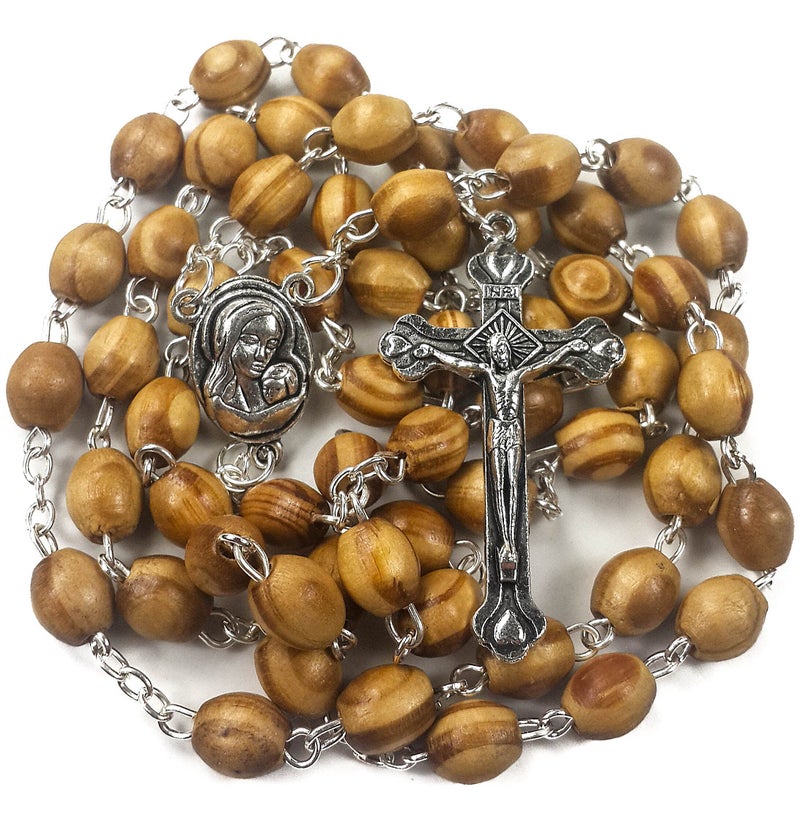 Nazareth Store Nazareth Store Catholic Prayer Rosary Olive Wood Beads Necklace Holy Soil Medal & Metal Cross Velvet Gift Bag  - Image 1