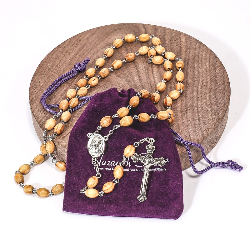 Nazareth Store Nazareth Store Catholic Prayer Rosary Olive Wood Beads Necklace Holy Soil Medal & Metal Cross Velvet Gift Bag  - Image 4