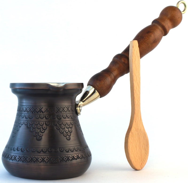 DEDE Copper - PCZ Series (Medium-10 fl.oz) Thickest Solid Copper Engraved Turkish Greek Arabic Coffee Pot with Wooden Handle, Stovetop Coffee Maker Cezve Jezve Jazva Ibrik Briki (Antique Copper) - Image 1
