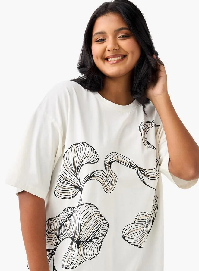Ulla Popken Plus Size Ulla Popken Printed T-shirt with Short Sleeves and Round Neck