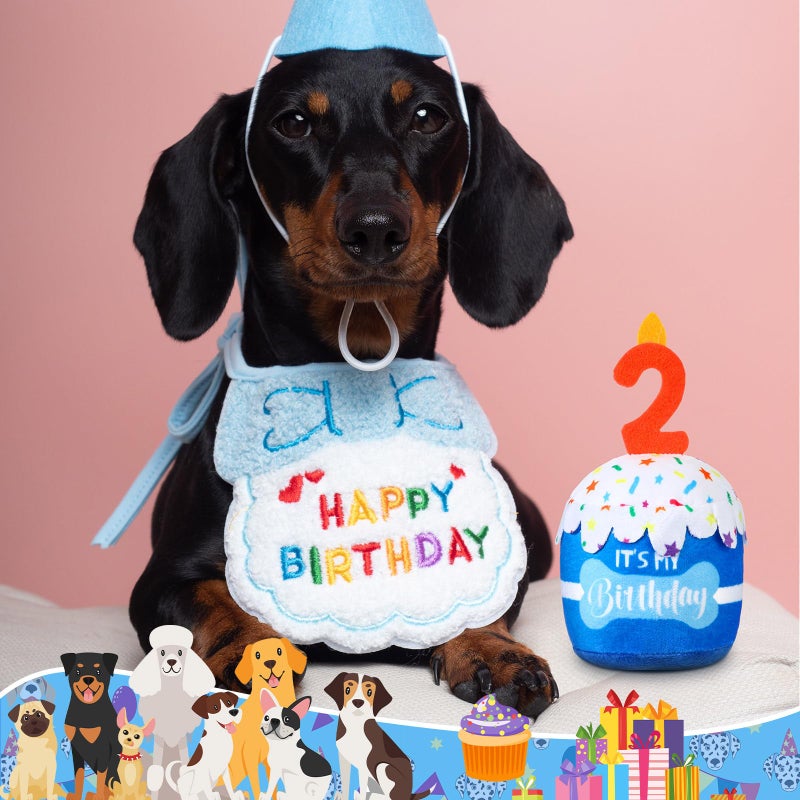 Dansydaisy Dog Birthday Cake Toy Accessories for Girl Boy Gifts, Squeaky Plush Toy for Dog Birthday Party Decor Favor for Large, Medium and Small Dogs(2nd,Blue) - Image 5