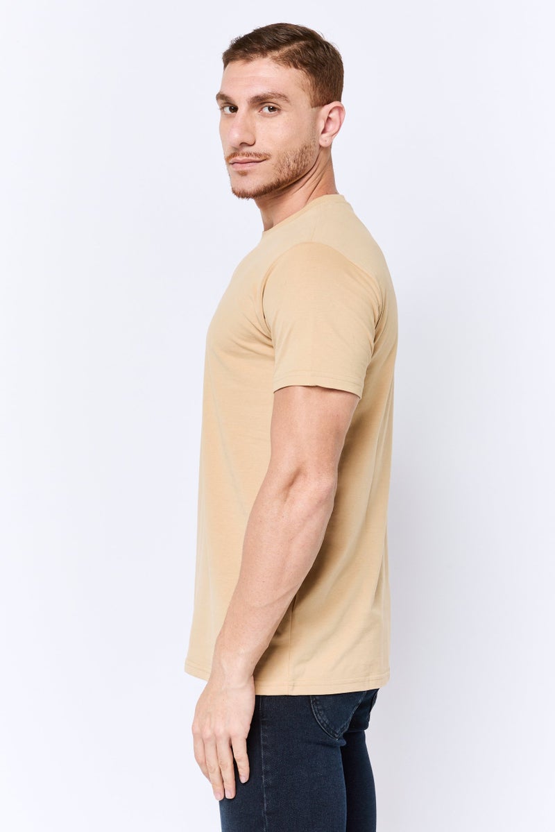 Romeo NYC Men Crew Neck Short Sleeve Plain T-Shirt, Tan  - Image 3
