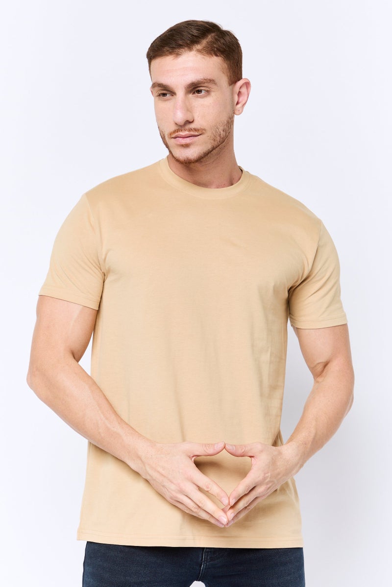 Romeo NYC Men Crew Neck Short Sleeve Plain T-Shirt, Tan  - Image 1