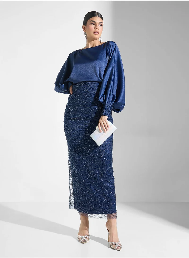 ايرا Balloon Sleeve Mesh Detailed Dresss