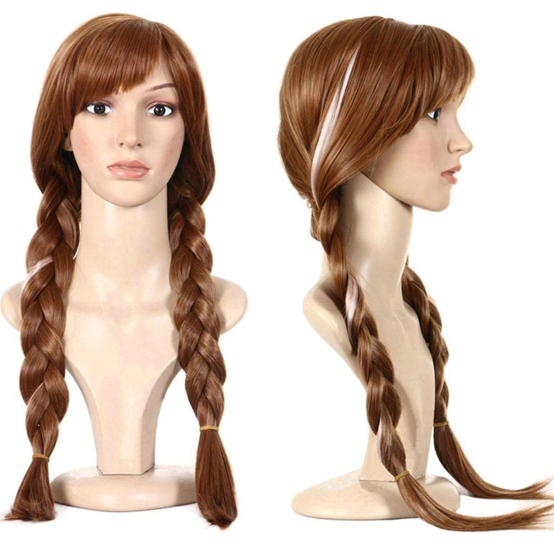 ANOGOL Hair Cap Pigtail Princess Wig for Women Braided Brown Cosplay Wigs Brown Highlighted Braids Women Auburn Hair for Princess Costume Cosplay Party Double Braids Anna Wig for Halloween Christmas